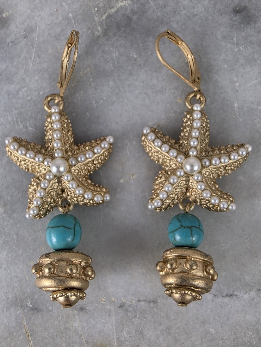Gold Tone Starfish Faux Pearls Turquoise Beads Dangle Leverback Earrings